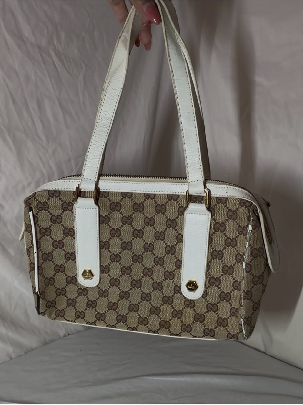 Light brown and white shoulder purse